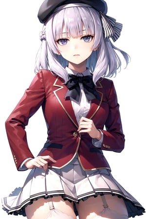 //Quality,
masterpiece, best quality
,//Character,
1girl, solo
,//Fashion,
,//Background,
white_background, simple_background
,//Others,
,aaarisu, medium hair, braid, blunt bangs, beret, black headwear, hat ribbon, blue bowtie, red jacket, blazer, long sleeves, white skirt, pleated skirt, garter straps, white thighhighs, full_body