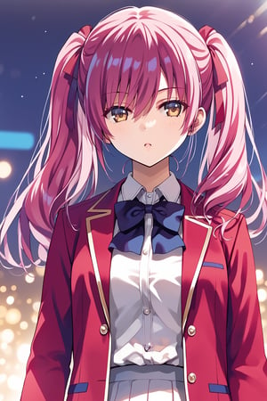 masterpiece, best quality, 8k, 8k UHD, ultra-high resolution, ultra-high definition, highres, cinematic lighting
,//Character, 
1girl, solo, ichika amasawa, 1girl, long hair, sidelocks, bangs, brown eyes, ribbon, hair between eyes, hair ribbon, red ribbon, purple hair, pink hair, twintails
,//Fashion, 
white shirt, red jacket, bowtie, pleated_skirt
,//Background, 
,//Others, ,Expressiveh