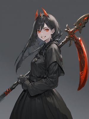 //Quality,
photo r3al, detailmaster2, masterpiece, photorealistic, 8k, 8k UHD, best quality, ultra realistic, ultra detailed, hyperdetailed photography, real photo
,//Character,
1girl, solo
,//Fashion,
,//Background,
,//Others,
,powerdef, sharp teeth, grin, holding scythe, red scythe, cross-shaped pupils