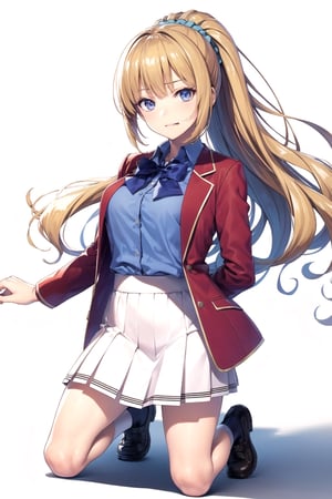 //Quality,
masterpiece, best quality
,//Character,
1girl, solo
,//Fashion,
,//Background,
white_background, simple_background
,//Others,
,KeiKaruizawa, hair scrunchie, school uniform, blue shirt, bowtie, white skirt, red jacket, open jacket, full_body