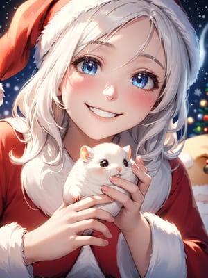 ultra realistic 8k cg, cinematic lighting, cool face, cool eyes, Santa playing with a hamster, sloppy smile