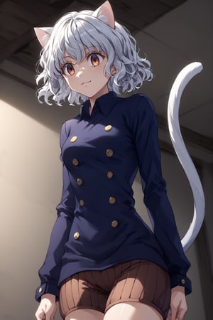 masterpiece, best quality, 8k, 8k UHD, ultra-high resolution, ultra-high definition, highres, cinematic lighting
,//Character, 
1girl, solo, ,hxhpitou, white hair, short hair, wavy hair, cat ears, cat tail
,//Fashion, 
long sleeves, blue shirt, brown shorts, socks, shoes
,//Background, 
,//Others, ,Expressiveh,
A woman conductor leading an orchestra in an amphitheater carved into a cliff face.