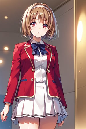 masterpiece, best quality, 8k, 8k UHD, ultra-high resolution, ultra-high definition, highres, cinematic lighting
,//Character, 
1girl, solo, kikyo kushida, 1girl, brown hair, short hair, hairband, hair intakes, red eyes
,//Fashion, 
white shirt, red jacket, bowtie, pleated_skirt
,//Background, 
,//Others, ,Expressiveh