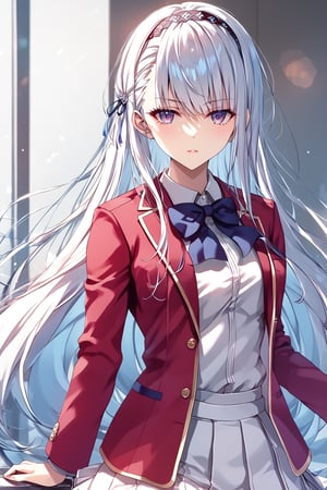 masterpiece, best quality, 8k, 8k UHD, ultra-high resolution, ultra-high definition, highres, cinematic lighting
,//Character, 
1girl, solo, fuka kiryuin, long hair, 1girl, purple eyes, hairband, bangs, asymmetrical bangs, white hair
,//Fashion, 
white shirt, red jacket, bowtie, pleated_skirt
,//Background, 
,//Others, ,Expressiveh