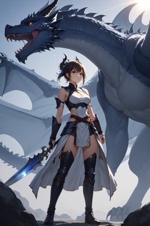 masterpiece, best quality, 8k, 8k UHD, ultra-high resolution, ultra-high definition, highres, cinematic lighting
,//Character, 
1girl, solo
,//Fashion, 
,//Background, 
,//Others, ,Expressiveh, hentai, 
A determined girl warrior facing off against a massive dragon, her armor gleaming in the sunlight.