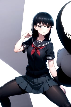 //Quality,
masterpiece, best quality
,//Character,
1girl, solo
,//Fashion, 
,//Background,
white_background
,//Others,
,spread legs, 
,kyouko kuroyuri, long hair, black hair, (black eyes:1.5), glasses, skirt, school uniform, pantyhose, pleated skirt, serafuku, armband, (black shirt:1.2)