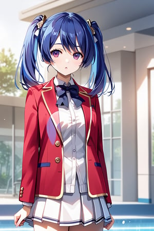 masterpiece, best quality, 8k, 8k UHD, ultra-high resolution, ultra-high definition, highres, cinematic lighting
,//Character, 
1girl, solo, mei-yu wang, 1girl, twintails, bangs, long hair, purple eyes, blue hair
,//Fashion, 
white shirt, red jacket, bowtie, pleated_skirt
,//Background, 
,//Others, ,Expressiveh