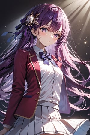 masterpiece, best quality, 8k, 8k UHD, ultra-high resolution, ultra-high definition, highres, cinematic lighting
,//Character, 
1girl, solo, masumi kamuro, 1girl, long hair, hairclip, hair ornament, purple eyes, one side up, purple hair, ribbon, hair ribbon, very long hair
,//Fashion, 
white shirt, red jacket, bowtie, pleated_skirt
,//Background, 
,//Others, ,Expressiveh