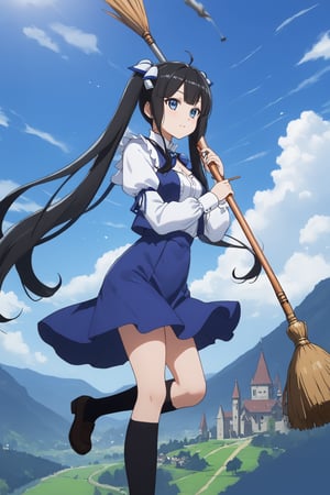 masterpiece, best quality, highres
,//Character, 
1girl,hestia, black hair, blue eyes,
twin tails/long hair, hair ornament
,//Fashion, 

,//Background, 
,//Others, ,Expressiveh, 
A girl riding a giant pencil like a witch's broomstick, soaring through a sky filled with floating mathematical equations.