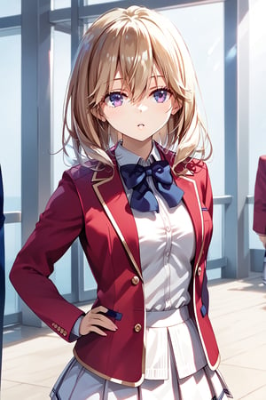 masterpiece, best quality, 8k, 8k UHD, ultra-high resolution, ultra-high definition, highres, cinematic lighting
,//Character, 
1girl, solo, sakurako tsubaki, purple eyes, bangs, long hair, parted lips, hair between eyes, medium hair
,//Fashion, 
white shirt, red jacket, bowtie, pleated_skirt
,//Background, 
,//Others, ,Expressiveh