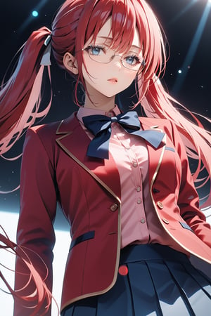 masterpiece, best quality, 8k, 8k UHD, ultra-high resolution, ultra-high definition, highres, cinematic lighting
,//Character, 
1girl, solo, airi sakura, glasses, very long hair, blue eyes, twintails, red hair, low twintails, pink hairwhite shirt, red jacket, bowtie, pleated_skirt
,//Fashion, 
,//Background, 
,//Others, ,Expressiveh