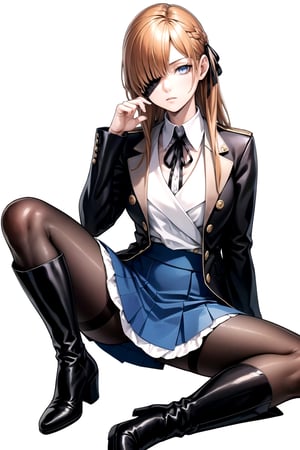 //Quality,
masterpiece, best quality
,//Character,
1girl, solo
,//Fashion, 
,//Background,
white_background
,//Others,
,spread legs
,Ophelia, long hair, blue eyes, skirt, brown hair, shirt, long sleeves, ribbon, jacket, white shirt, pantyhose, boots, collared shirt, blue skirt, black jacket, black pantyhose, black ribbon, neck ribbon, brown footwear, eyepatch, knee boots