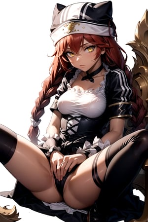 //Quality,
masterpiece, best quality
,//Character,
1girl, solo
,//Fashion, 
,//Background,
white_background
,//Others,
,spread legs
,lupusregina, red hair, long hair, twin braids, yellow eyes, dark skin, choker, dress, hat, maid