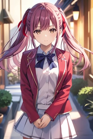 masterpiece, best quality, 8k, 8k UHD, ultra-high resolution, ultra-high definition, highres, cinematic lighting
,//Character, 
1girl, solo, ichika amasawa, 1girl, long hair, sidelocks, bangs, brown eyes, ribbon, hair between eyes, hair ribbon, red ribbon, purple hair, pink hair, twintails
,//Fashion, 
white shirt, red jacket, bowtie, pleated_skirt
,//Background, 
,//Others, ,Expressiveh