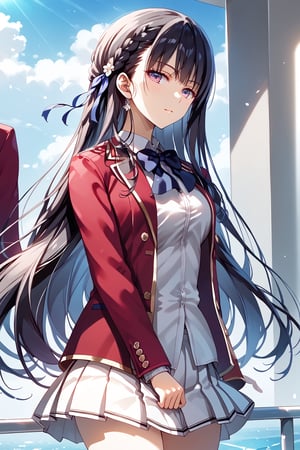 masterpiece, best quality, 8k, 8k UHD, ultra-high resolution, ultra-high definition, highres, cinematic lighting
,//Character, 
1girl, solo, suzune horikita, long hair, black hair, braid, purple eyes, very long hair, ribbon, hair ribbon, bangswhite shirt, red jacket, bowtie, pleated_skirt
,//Fashion, 
,//Background, 
,//Others, ,Expressiveh