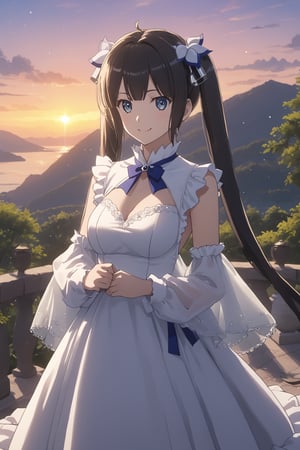 masterpiece, best quality, highres
,//Character, 
1girl,hestia, black hair, blue eyes,
twin tails/long hair, hair ornament
,//Fashion, 

,//Background, 
,//Others, ,Expressiveh, 
The girl standing triumphantly atop a hill, silhouetted against a beautiful sunset. She's holding a magical artifact that glows with rainbow colors. Her posture is confident, and a smile of accomplishment lights up her face. Fireflies dance around her, adding a magical touch to the scene.