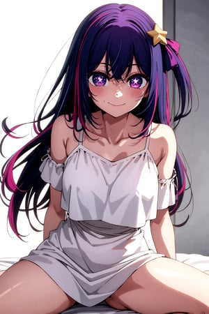 //Quality,
masterpiece, best quality
,//Character,
1girl, solo
,//Fashion, 
,//Background,
white_background
,//Others,
,spread legs, 
,hoshino_ai_oshinoko, long_hair, purple_eyes, purple_hair, bangs, smile, symbol-shaped_pupils, multicolored_hair, star-shaped_pupils, 1girl, collarbone, hair_ornament, symbol shaped_pupils