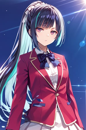 masterpiece, best quality, 8k, 8k UHD, ultra-high resolution, ultra-high definition, highres, cinematic lighting
,//Character, 
1girl, solo, yuki himeno, long hair, bangs, ponytail, multicolored hair, black hair, blue hair, purple eyes, blunt bangs, pink eyes, white shirt, red jacket, bowtie, pleated_skirt
,//Fashion, 
,//Background, 
,//Others, ,Expressiveh