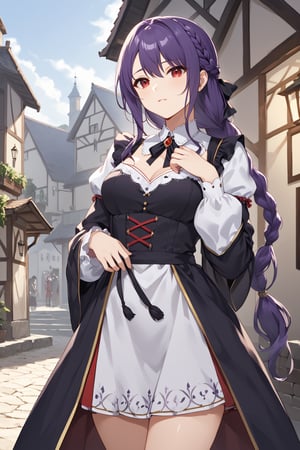 score_9,score_8_up,score_7_up,score_6_up, masterpiece, best quality, highres
,//Character, 
1girl, solo, long hair, purple hair, single braid, red eyes
,//Fashion, 

,//Background, 
,//Others, ,Expressiveh, 
A young woman in a medieval village, looking worried, surrounded by concerned villagers, dark shadows lurking in the background, ominous atmosphere