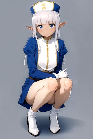 masterpiece, best quality
,//Character,
1girl, solo
,//Fashion, 
,//Background,
white_background, simple_background, blank_background
,//Others,
,Karla (kono healer mendokusai), white_hair, dark skin, dark-skinned female, blue headwear, leather_belt, blue_pants, tunic, blue_tunic, stole, blue_sleeves, white_gloves, blue_eyes, elf_ears, straight_hair, hime_cut, and blunt_bangs