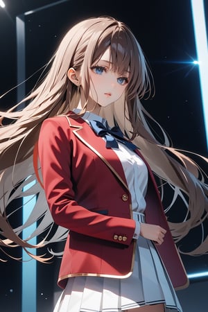 masterpiece, best quality, 8k, 8k UHD, ultra-high resolution, ultra-high definition, highres, cinematic lighting
,//Character, 
1girl, solo, chiaki matsushita, 1girl, brown hair, long hair, blue eyes, bangs, very long hair
,//Fashion, 
white shirt, red jacket, bowtie, pleated_skirt
,//Background, 
,//Others, ,Expressiveh