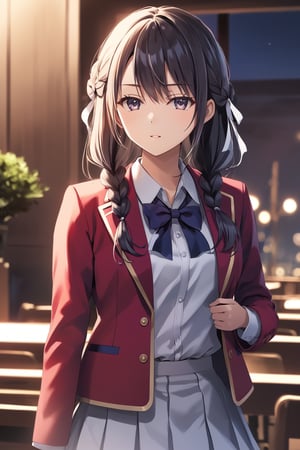 masterpiece, best quality, 8k, 8k UHD, ultra-high resolution, ultra-high definition, highres, cinematic lighting
,//Character, 
1girl, solo, suzune horikita, long hair, black hair, braid, purple eyes, very long hair, ribbon, hair ribbon, bangswhite shirt, red jacket, bowtie, pleated_skirt
,//Fashion, 
,//Background, 
,//Others, ,Expressiveh