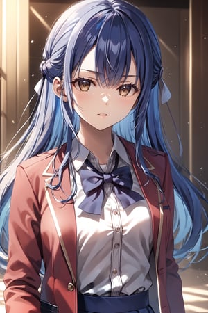 masterpiece, best quality, 8k, 8k UHD, ultra-high resolution, ultra-high definition, highres, cinematic lighting
,//Character, 
1girl, solo, haruka hasebe, 1girl, blue hair, long hair, mole, mole under eye, brown eyes
,//Fashion, 
white shirt, red jacket, bowtie, pleated_skirt
,//Background, 
,//Others, ,Expressiveh