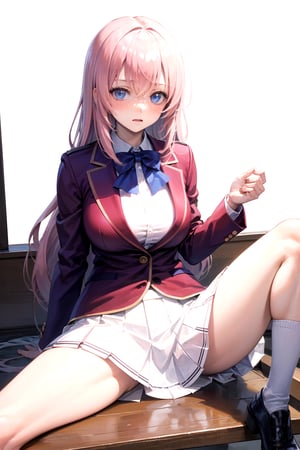 //Quality,
masterpiece, best quality
,//Character,
1girl, solo
,//Fashion, 
,//Background,
white_background
,//Others,
,spread legs, 
,aahonami, long hair, pink hair, school uniform, blue bowtie, blazer, red jacket, long sleeves, pleated skirt, white skirt, blushing