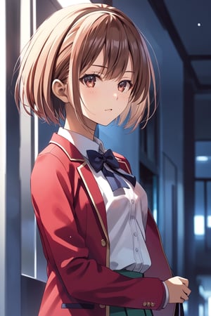 masterpiece, best quality, 8k, 8k UHD, ultra-high resolution, ultra-high definition, highres, cinematic lighting
,//Character, 
1girl, solo, kikyo kushida, 1girl, brown hair, short hair, hairband, hair intakes, red eyes
,//Fashion, 
white shirt, red jacket, bowtie, pleated_skirt
,//Background, 
,//Others, ,Expressiveh