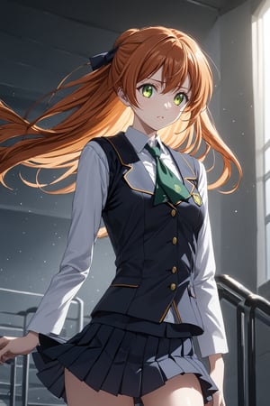 score_9,score_8_up,score_7_up,score_6_up, source_anime, masterpiece, best quality, 8k, 8k UHD, ultra-high resolution, ultra-high definition, highres, cinematic lighting
,//Character, 
1girl, solo,shirley fenette, orange hair, green eyes, half updo, long hair
,//Fashion, 
ashford academy school uniform
,//Background, 
,//Others, ,Expressiveh,
A girl in a slightly oversized school uniform, caught in a sudden gust of wind.