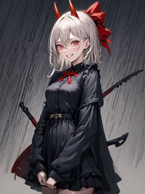 //Quality,
photo r3al, detailmaster2, masterpiece, photorealistic, 8k, 8k UHD, best quality, ultra realistic, ultra detailed, hyperdetailed photography, real photo
,//Character,
1girl, solo
,//Fashion,
,//Background,
,//Others,
,powerdef, sharp teeth, grin, holding scythe, red scythe, cross-shaped pupils