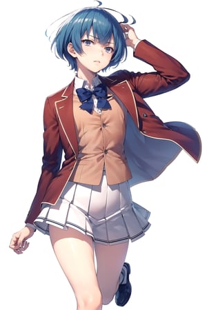 //Quality,
masterpiece, best quality
,//Character,
1girl, solo
,//Fashion,
,//Background,
white_background, simple_background
,//Others,
,1girl ibuki mio short hair blue hair,white skirt red jacket open jacket, full_body, from_side