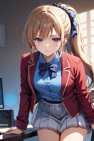 masterpiece, best quality, 8k, 8k UHD, ultra-high resolution, ultra-high definition, highres, cinematic lighting
,//Character, 
1girl, solo, long hair, scrunchie, hair scrunchie, very long hair, blue eyes, ponytail, bangshigh ponytail, blue scrunchie, brown hair, blonde hair, blunt bangsblue shirt, red jacket, bowtie, pleated_skirt
,//Fashion, 
,//Background, 
,//Others, ,Expressiveh