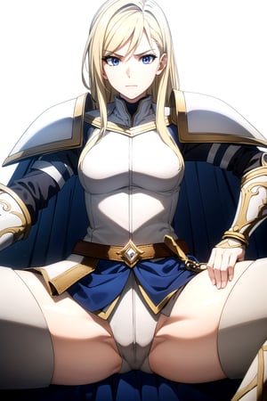 //Quality,
masterpiece, best quality
,//Character,
1girl, solo
,//Fashion, 
,//Background,
white_background
,//Others,
,spread legs, 
female knight, long hair, blue eyes, blonde hair, cape, armor, shoulder armor, gauntlets, pauldrons, breastplate, knight