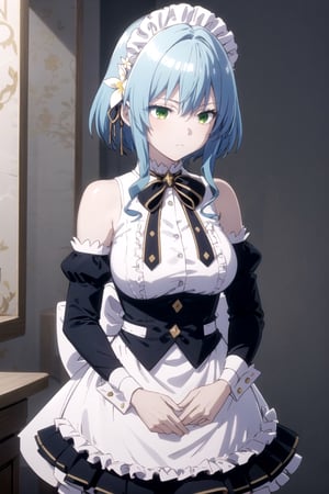 //Quality,
masterpiece, best quality
,//Character,
1girl, solo
,//Fashion,
,//Background,
white_background, simple_background, blank_background
,//Others,
,villhaze, blue hair, short hair, bangs, green eyes , hair between eyes, hair ornament, maid headdress, hair flower, sidelocks, medium breasts, white shirt, frilled shirt, neck ribbon, bare shoulders, detached sleeves, puffy sleeves, long sleeves, black sleeves, maid, waist apron, black skirt, full_body