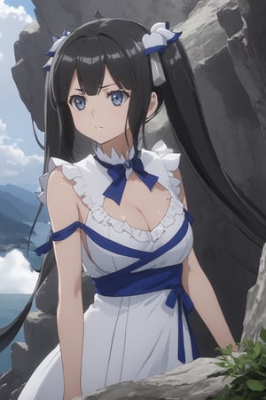 masterpiece, best quality, highres
,//Character, 
1girl,hestia, black hair, blue eyes,
twin tails/long hair, hair ornament
,//Fashion, 

,//Background, 
,//Others, ,Expressiveh, 
The girl climbing a steep, rocky cliff face. Her dress is slightly torn, and her hair is windswept. She's reaching for a handhold, determination evident on her face. Dark storm clouds gather in the background, adding drama to the scene.
