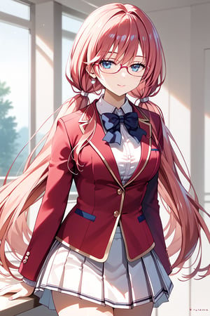 masterpiece, best quality, 8k, 8k UHD, ultra-high resolution, ultra-high definition, highres, cinematic lighting
,//Character, 
1girl, solo, airi sakura, glasses, very long hair, blue eyes, twintails, red hair, low twintails, pink hairwhite shirt, red jacket, bowtie, pleated_skirt
,//Fashion, 
,//Background, 
,//Others, ,Expressiveh