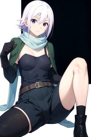 //Quality,
masterpiece, best quality
,//Character,
1girl, solo
,//Fashion, 
,//Background,
white_background
,//Others,
,spread legs, 
,Chris, gloves, short hair, purple eyes, earrings, jewelry, scarf, white hair, scar on cheek