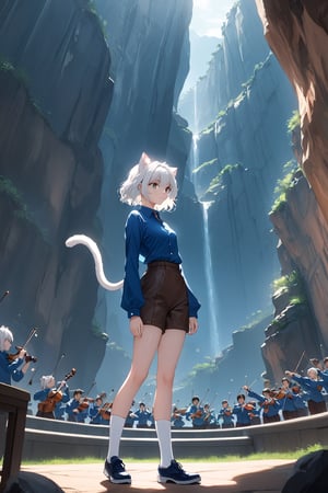 masterpiece, best quality, 8k, 8k UHD, ultra-high resolution, ultra-high definition, highres, cinematic lighting
,//Character, 
1girl, solo, ,hxhpitou, white hair, short hair, wavy hair, cat ears, cat tail
,//Fashion, 
long sleeves, blue shirt, brown shorts, socks, shoes
,//Background, 
,//Others, ,Expressiveh,
A woman conductor leading an orchestra in an amphitheater carved into a cliff face.