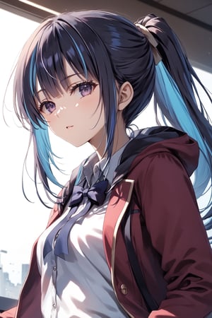 masterpiece, best quality, 8k, 8k UHD, ultra-high resolution, ultra-high definition, highres, cinematic lighting
,//Character, 
1girl, solo, yuki himeno, long hair, bangs, ponytail, multicolored hair, black hair, blue hair, purple eyes, blunt bangs, pink eyes, white shirt, red jacket, bowtie, pleated_skirt
,//Fashion, 
,//Background, 
,//Others, ,Expressiveh