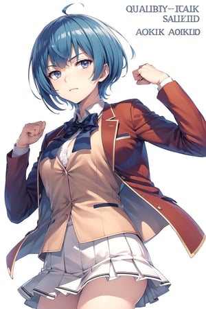 //Quality,
masterpiece, best quality
,//Character,
1girl, solo
,//Fashion,
,//Background,
white_background, simple_background
,//Others,
,1girl ibuki mio short hair blue hair,white skirt red jacket open jacket