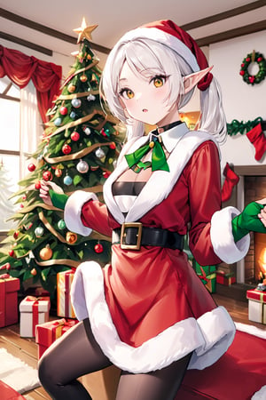 elf girl, white_hair, twintail, santa costume,christmas, (decorate santa house, Decorate the Christmas tree),Frieren