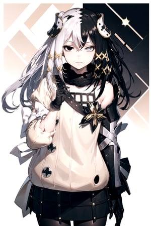 //Quality,
masterpiece, best quality
,//Character,
1girl, solo
,//Fashion,
,//Background,
white_background
,//Others,
,olantilene, hair ornament, heterochromia, sweater, skirt, black gloves