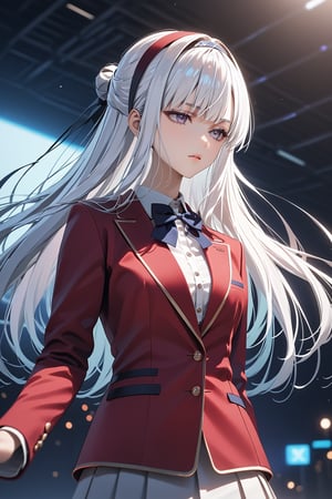 masterpiece, best quality, 8k, 8k UHD, ultra-high resolution, ultra-high definition, highres, cinematic lighting
,//Character, 
1girl, solo, fuka kiryuin, long hair, 1girl, purple eyes, hairband, bangs, asymmetrical bangs, white hair
,//Fashion, 
white shirt, red jacket, bowtie, pleated_skirt
,//Background, 
,//Others, ,Expressiveh