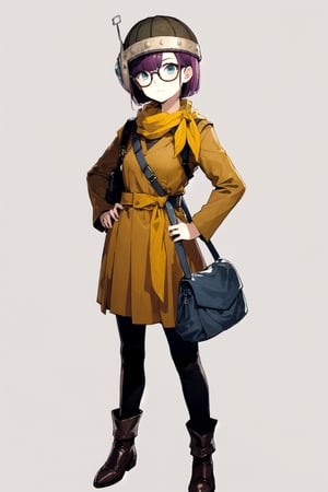 //Quality,
masterpiece, best quality
,//Character,
1girl, solo
,//Fashion,
,//Background,
white_background, simple_background, blank_background
,//Others,
,Lucca_CT, purple hair, short hair, helmet, glasses, standing, yellow scarf,