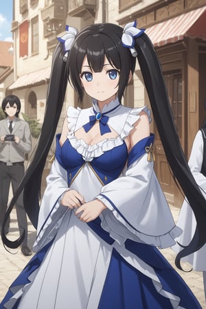 score_9,score_8_up,score_7_up,score_6_up, masterpiece, best quality, highres
,//Character, 
1girl,hestia, black hair, blue eyes,
twin tails/long hair, hair ornament
,//Fashion, 

,//Background, 
,//Others, ,Expressiveh, 
Female mage casting a barrier spell around a small town, magical energy flowing from her hands, townspeople watching in awe