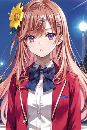 masterpiece, best quality, 8k, 8k UHD, ultra-high resolution, ultra-high definition, highres, cinematic lighting
,//Character, 
1girl, solo, nazuna asahina, hair ornament, hairclip, flower, long hair, brown hair, purple eyes, hair flower, yellow flower, bangs, swept bangs
,//Fashion, 
white shirt, red jacket, bowtie, pleated_skirt
,//Background, 
,//Others, ,Expressiveh