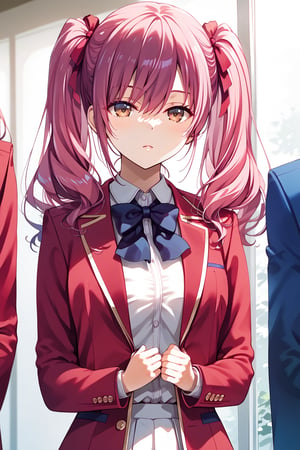 masterpiece, best quality, 8k, 8k UHD, ultra-high resolution, ultra-high definition, highres, cinematic lighting
,//Character, 
1girl, solo, ichika amasawa, 1girl, long hair, sidelocks, bangs, brown eyes, ribbon, hair between eyes, hair ribbon, red ribbon, purple hair, pink hair, twintails
,//Fashion, 
white shirt, red jacket, bowtie, pleated_skirt
,//Background, 
,//Others, ,Expressiveh