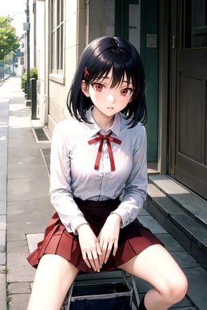 //Quality,
masterpiece, best quality
,//Character,
1girl, solo
,//Fashion, 
,//Background,
white_background
,//Others,
,spread legs, 
,yakumo tsukamoto, short hair, black hair, (red eyes:1.3),BREAK skirt, shirt, long sleeves, bow, ribbon, school uniform, white shirt, pleated skirt, collared shirt, bowtie, red ribbon, neck ribbon, red skirt