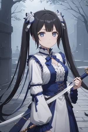 score_9,score_8_up,score_7_up,score_6_up, masterpiece, best quality, highres
,//Character, 
1girl, solo,hestia, black hair, blue eyes,
twin tails/long hair, hair ornament
,//Fashion, 

,//Background, 
,//Others, ,Expressiveh, 
Female warrior standing guard at village entrance, holding a sword, wary expression, mist in the air, eerie black substance in the distance
